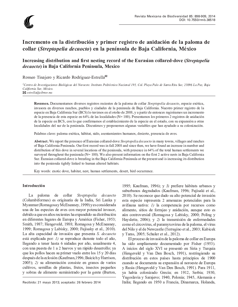 Incremento en la distribución y primer registro de anidación de la paloma de collar (Streptopelia decaocto) en la península de Baja California, México