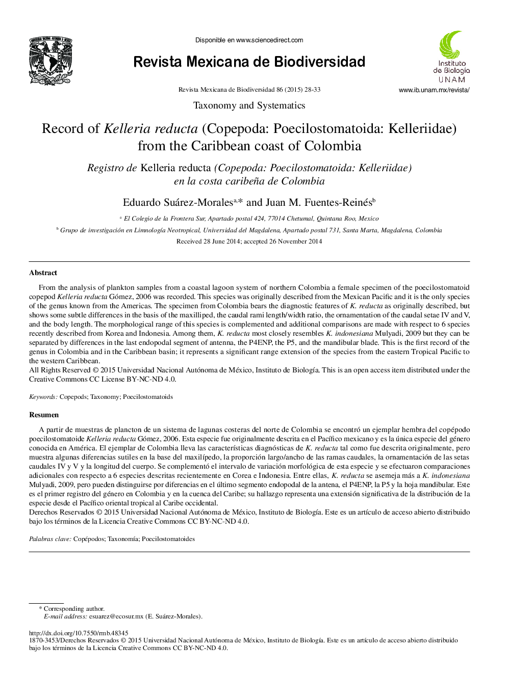 Record of Kelleria reducta (Copepoda: Poecilostomatoida: Kelleriidae) from the Caribbean coast of Colombia