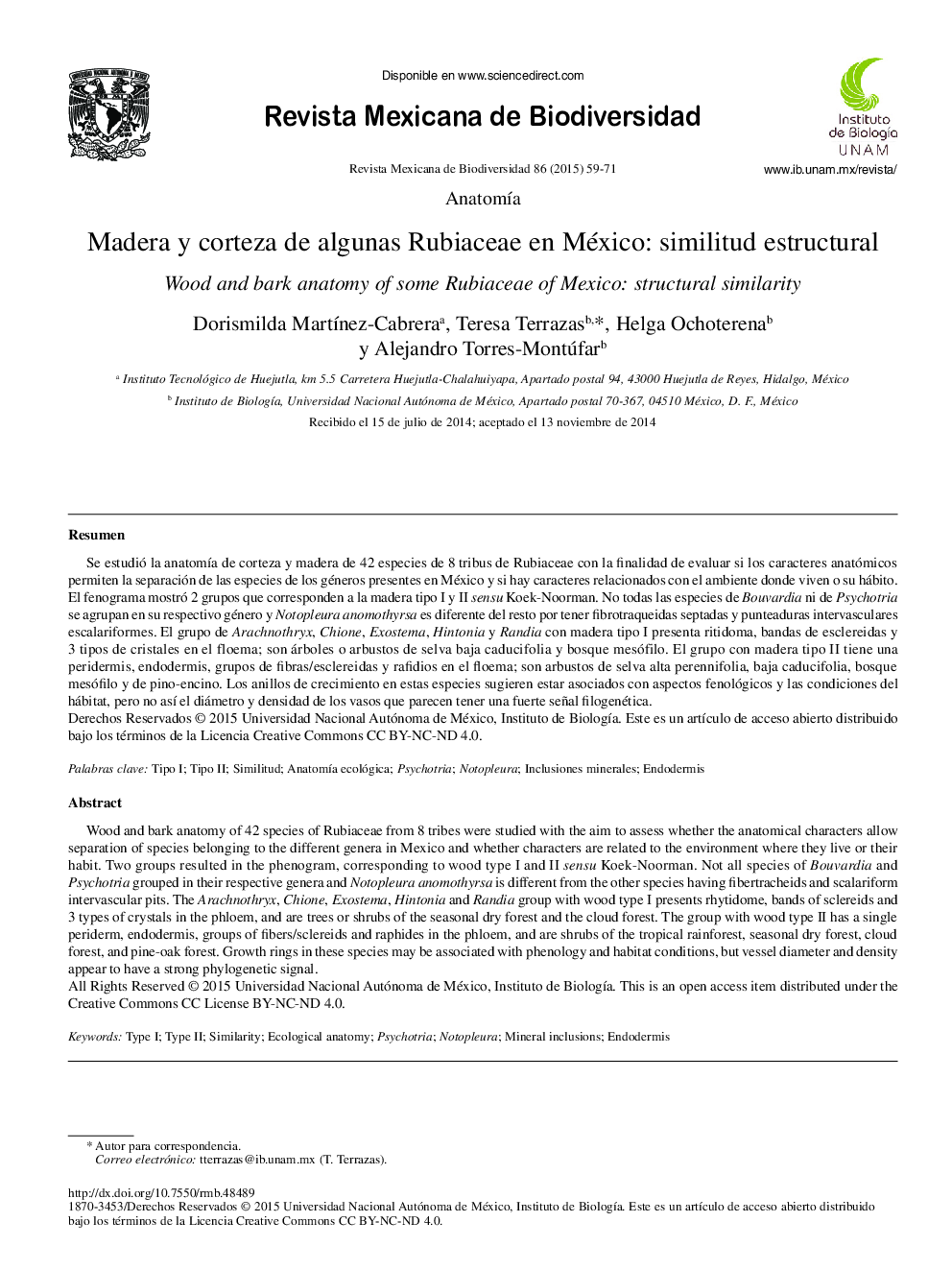 Madera y corteza de algunas Rubiaceae en México: similitud estructural