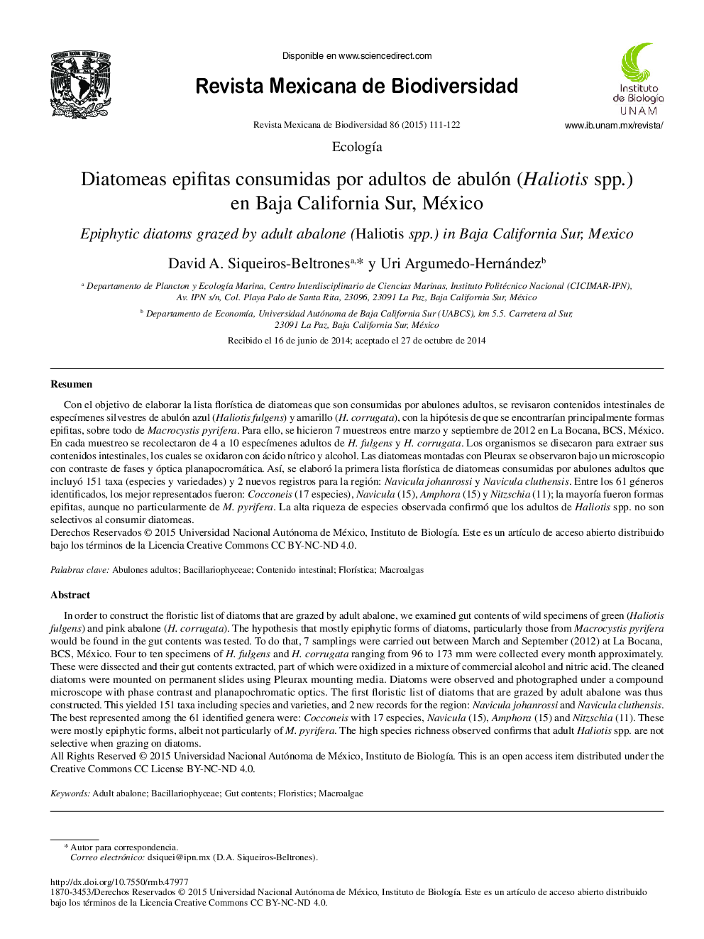 Diatomeas epifitas consumidas por adultos de abulón (Haliotis spp.) en Baja California Sur, México