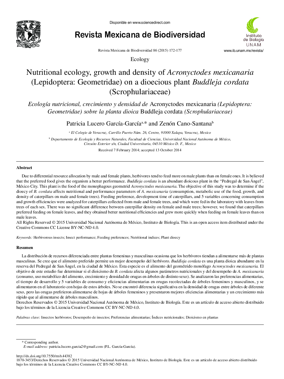 Nutritional ecology, growth and density of Acronyctodes mexicanaria(Lepidoptera: Geometridae) on a dioecious plant Buddleja cordata(Scrophulariaceae)