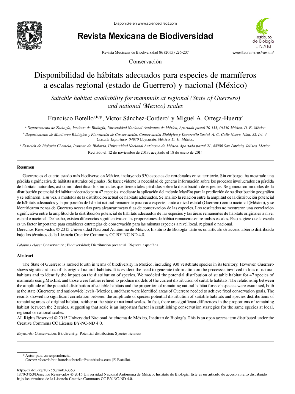 Disponibilidad de hábitats adecuados para especies de mamíferos a escalas regional (estado de Guerrero) y nacional (México)