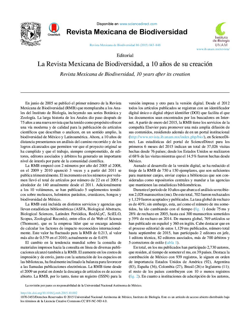La Revista Mexicana de Biodiversidad, a 10 años de su creación