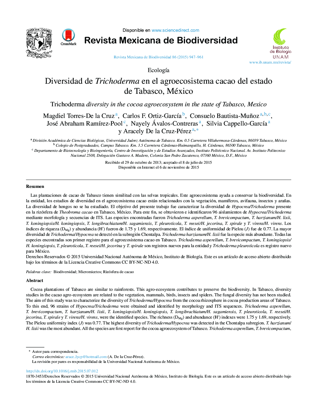 Diversidad de Trichoderma en el agroecosistema cacao del estado de Tabasco, México 