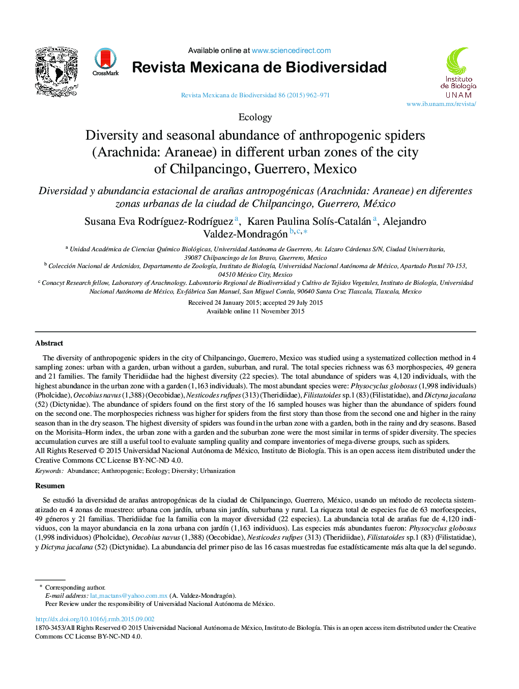 Diversity and seasonal abundance of anthropogenic spiders (Arachnida: Araneae) in different urban zones of the city of Chilpancingo, Guerrero, Mexico 