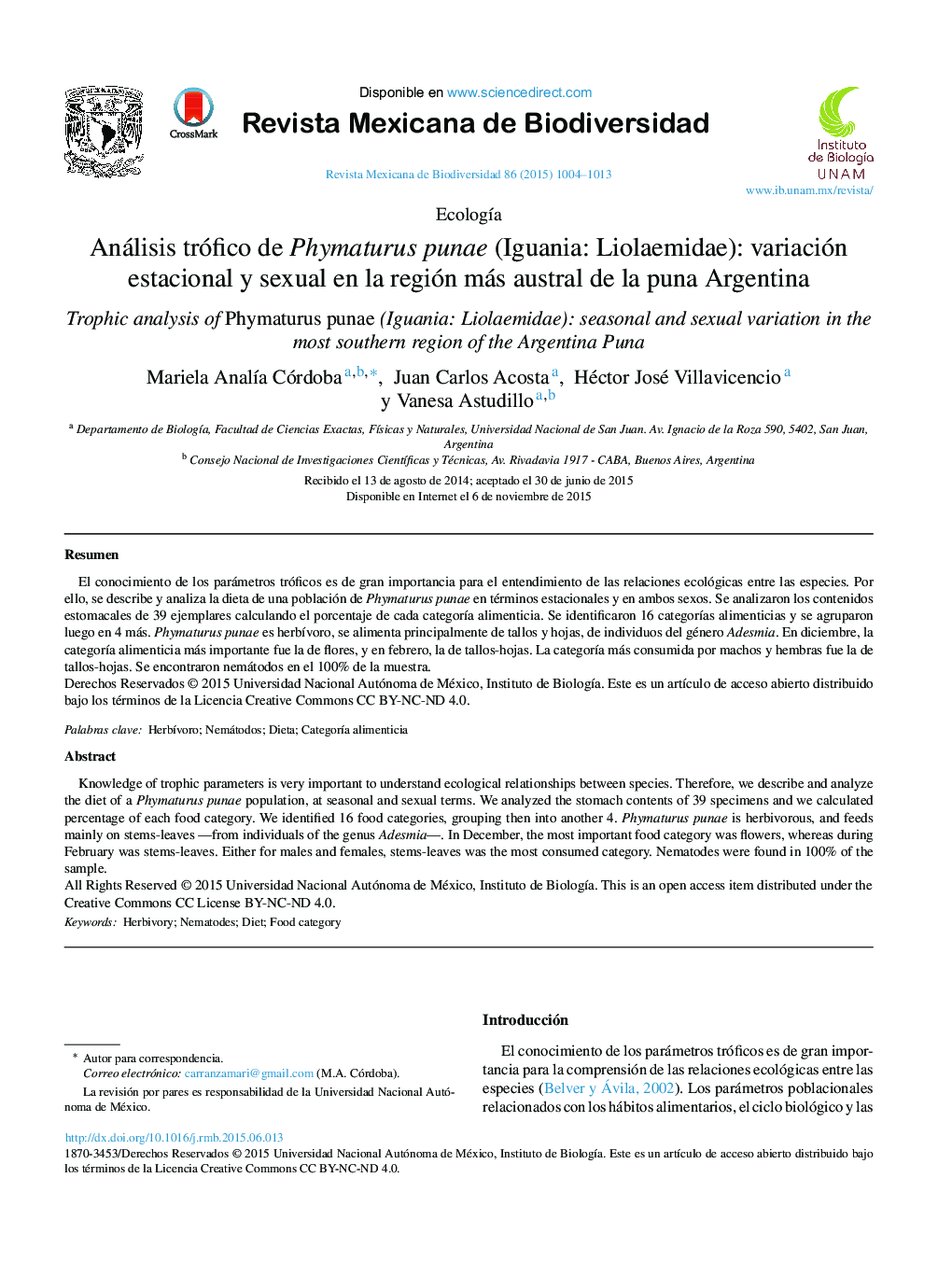 Análisis trófico de Phymaturus punae (Iguania: Liolaemidae): variación estacional y sexual en la región más austral de la puna Argentina 