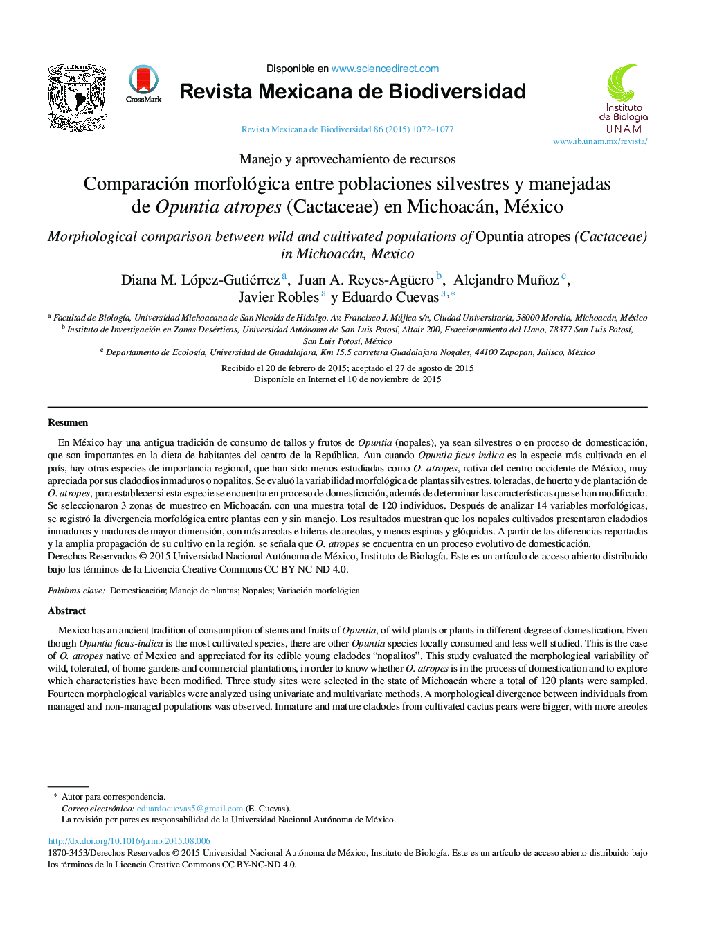 Comparación morfológica entre poblaciones silvestres y manejadas de Opuntia atropes (Cactaceae) en Michoacán, México 