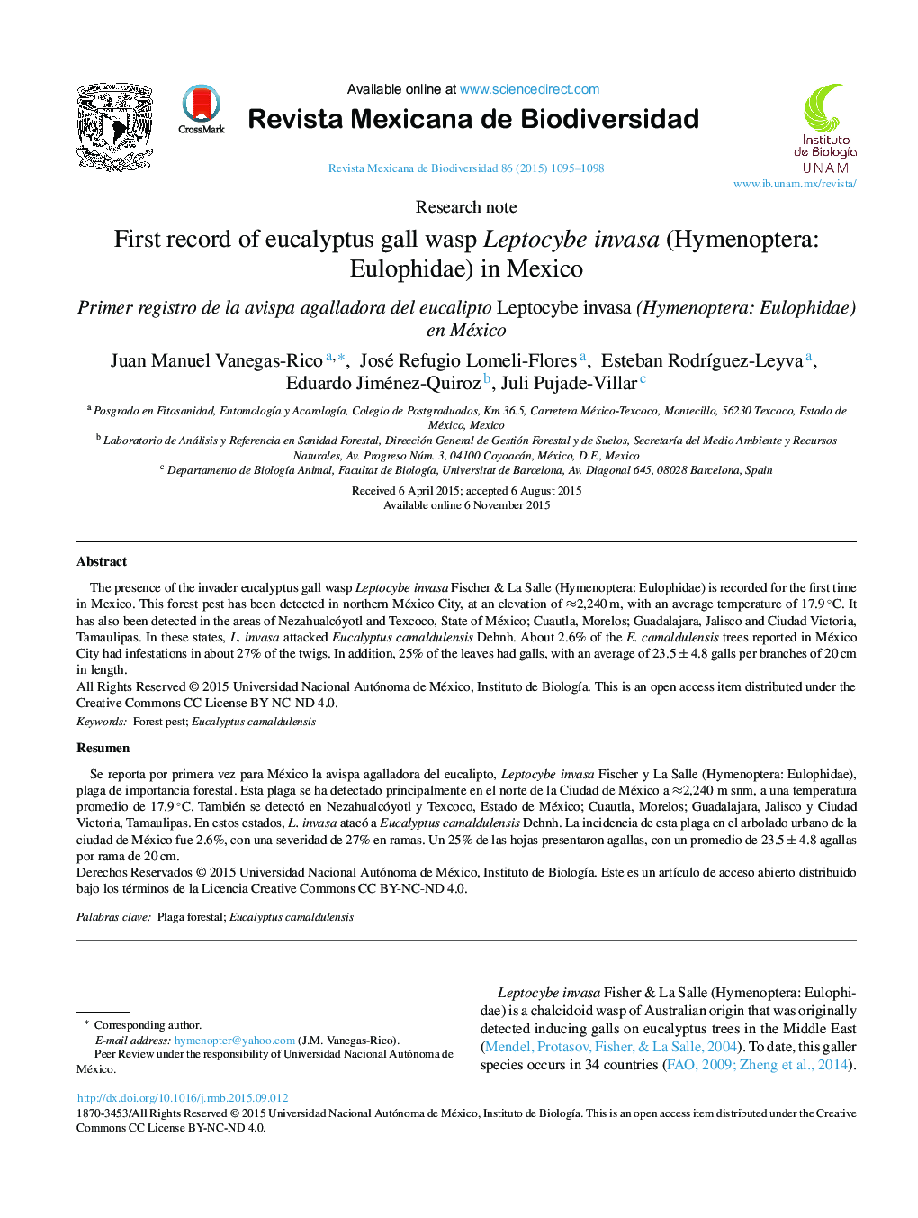 First record of eucalyptus gall wasp Leptocybe invasa (Hymenoptera: Eulophidae) in Mexico 