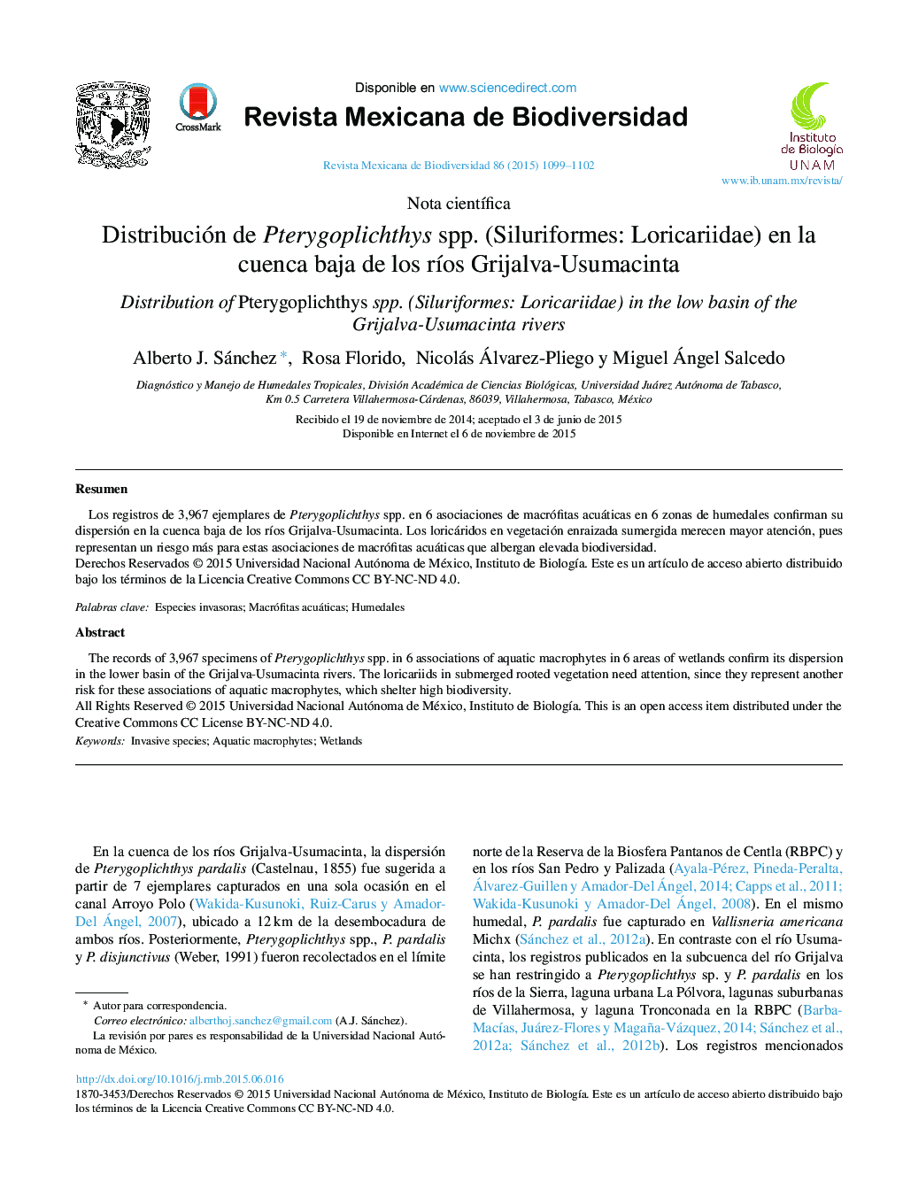 Distribución de Pterygoplichthys spp. (Siluriformes: Loricariidae) en la cuenca baja de los ríos Grijalva-Usumacinta 