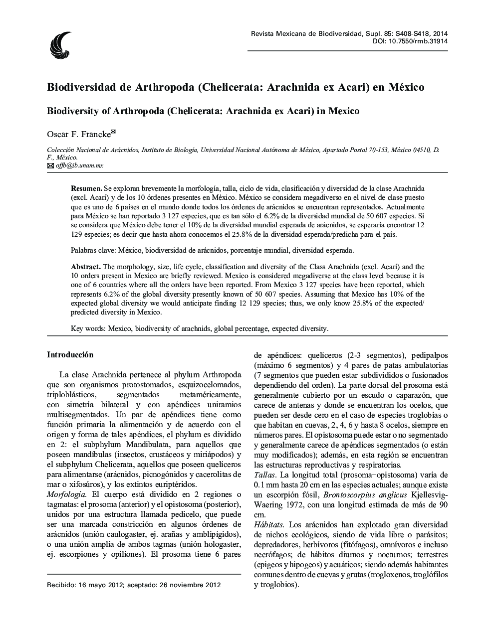 Biodiversidad de Arthropoda (Chelicerata: Arachnida ex Acari) en México