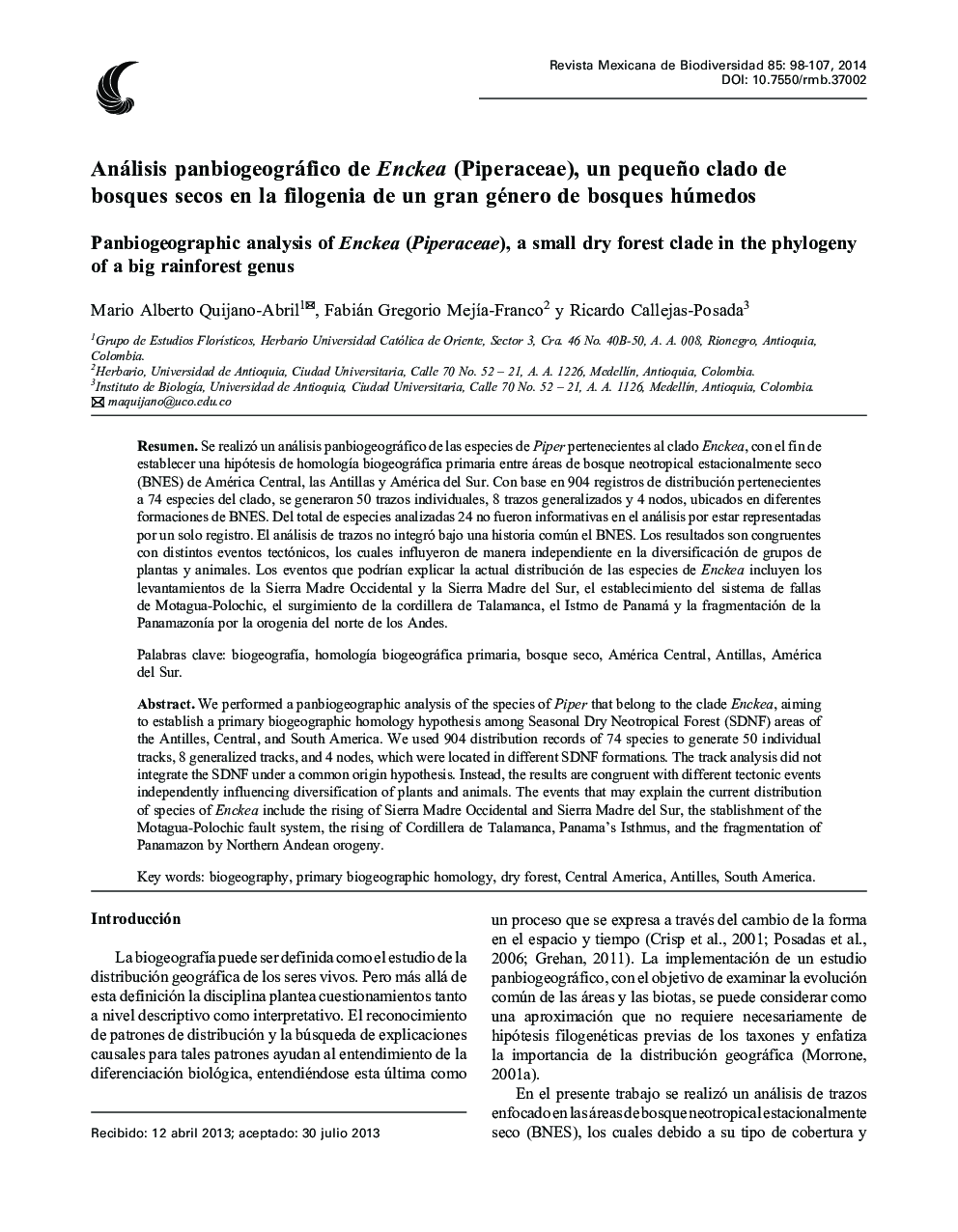 Análisis panbiogeográfico de Enckea (Piperaceae), un pequeño clado de bosques secos en la filogenia de un gran género de bosques húmedos