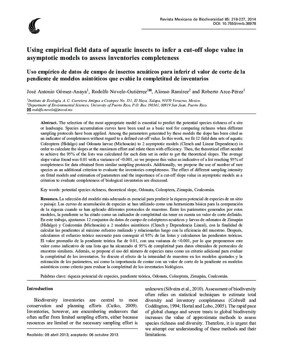 Using empirical field data of aquatic insects to infer a cut-off slope value in asymptotic models to assess inventories completeness