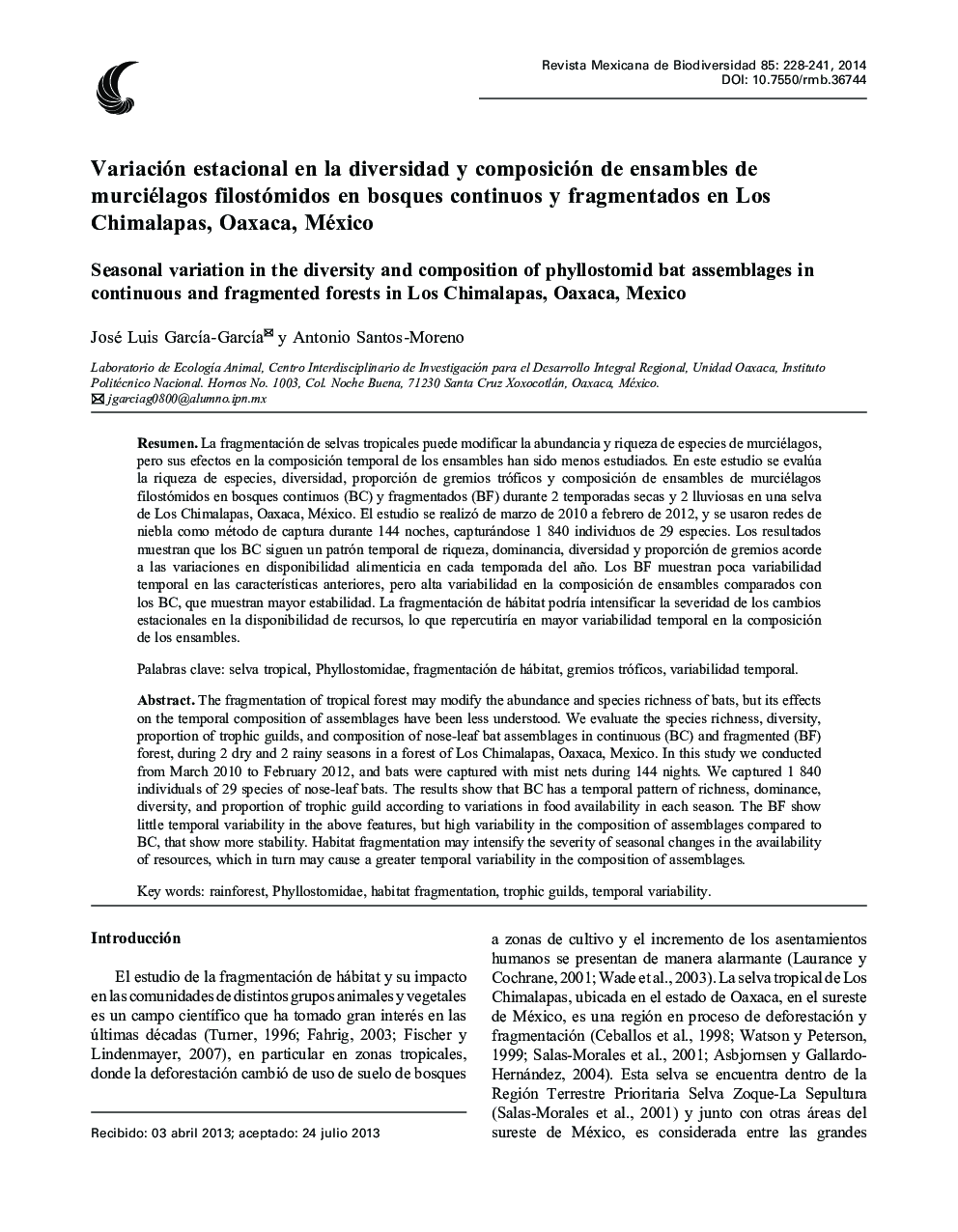 Variación estacional en la diversidad y composición de ensambles de murciélagos filostómidos en bosques continuos y fragmentados en Los Chimalapas, Oaxaca, México