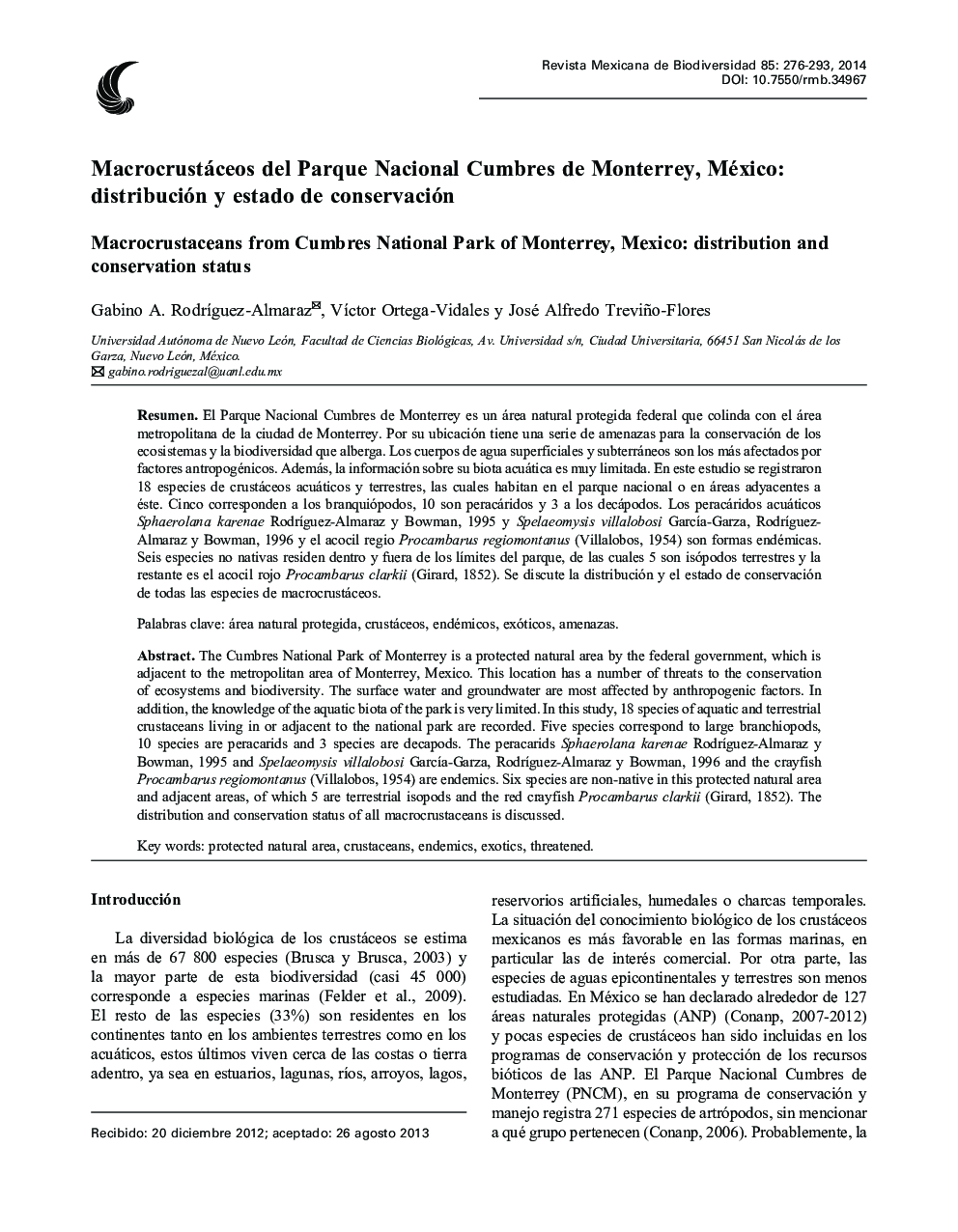 Macrocrustáceos del Parque Nacional Cumbres de Monterrey, México: distribución y estado de conservación