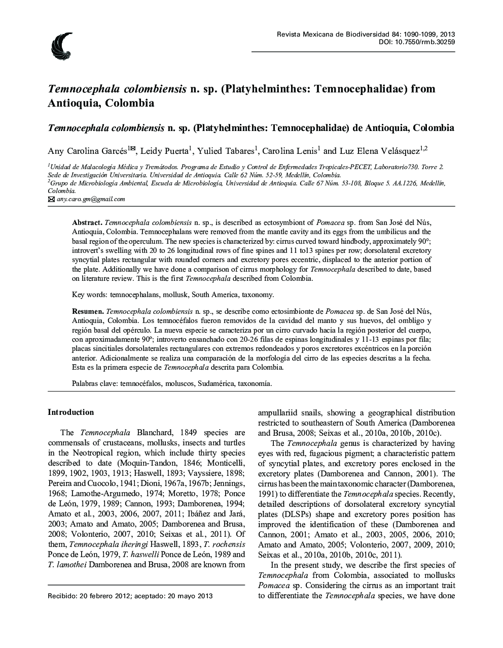 Temnocephala colombiensis n. sp. (Platyhelminthes: Temnocephalidae) from Antioquia, Colombia