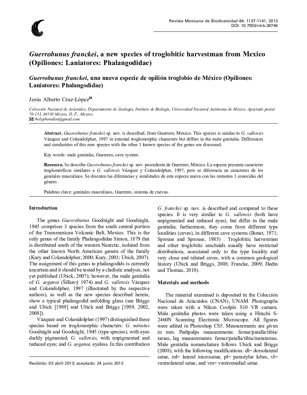 Guerrobunus franckei, a new species of troglobitic harvestman from Mexico (Opiliones: Laniatores: Phalangodidae)