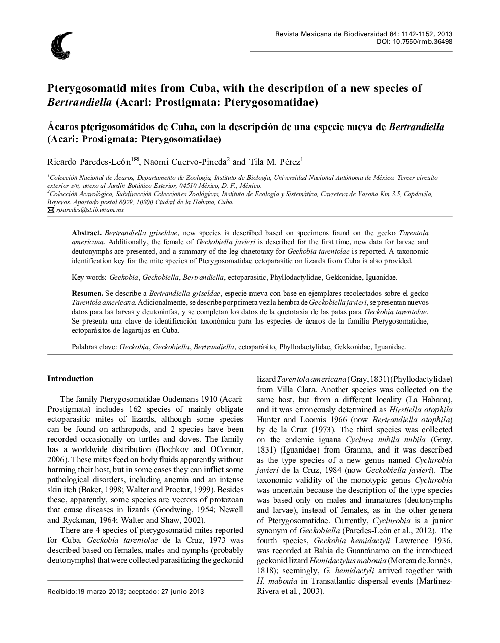 Pterygosomatid mites from Cuba, with the description of a new species of Bertrandiella (Acari: Prostigmata: Pterygosomatidae)