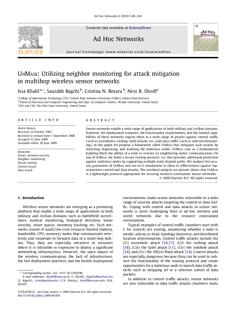 UnMask: Utilizing neighbor monitoring for attack mitigation in multihop wireless sensor networks