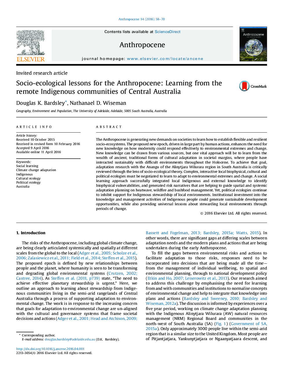 Socio-ecological lessons for the Anthropocene: Learning from the remote Indigenous communities of Central Australia