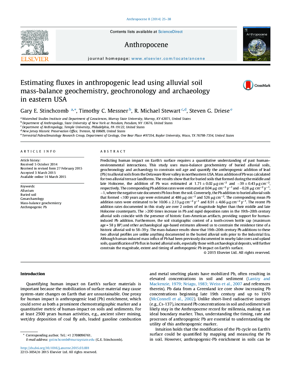 Estimating fluxes in anthropogenic lead using alluvial soil mass-balance geochemistry, geochronology and archaeology in eastern USA