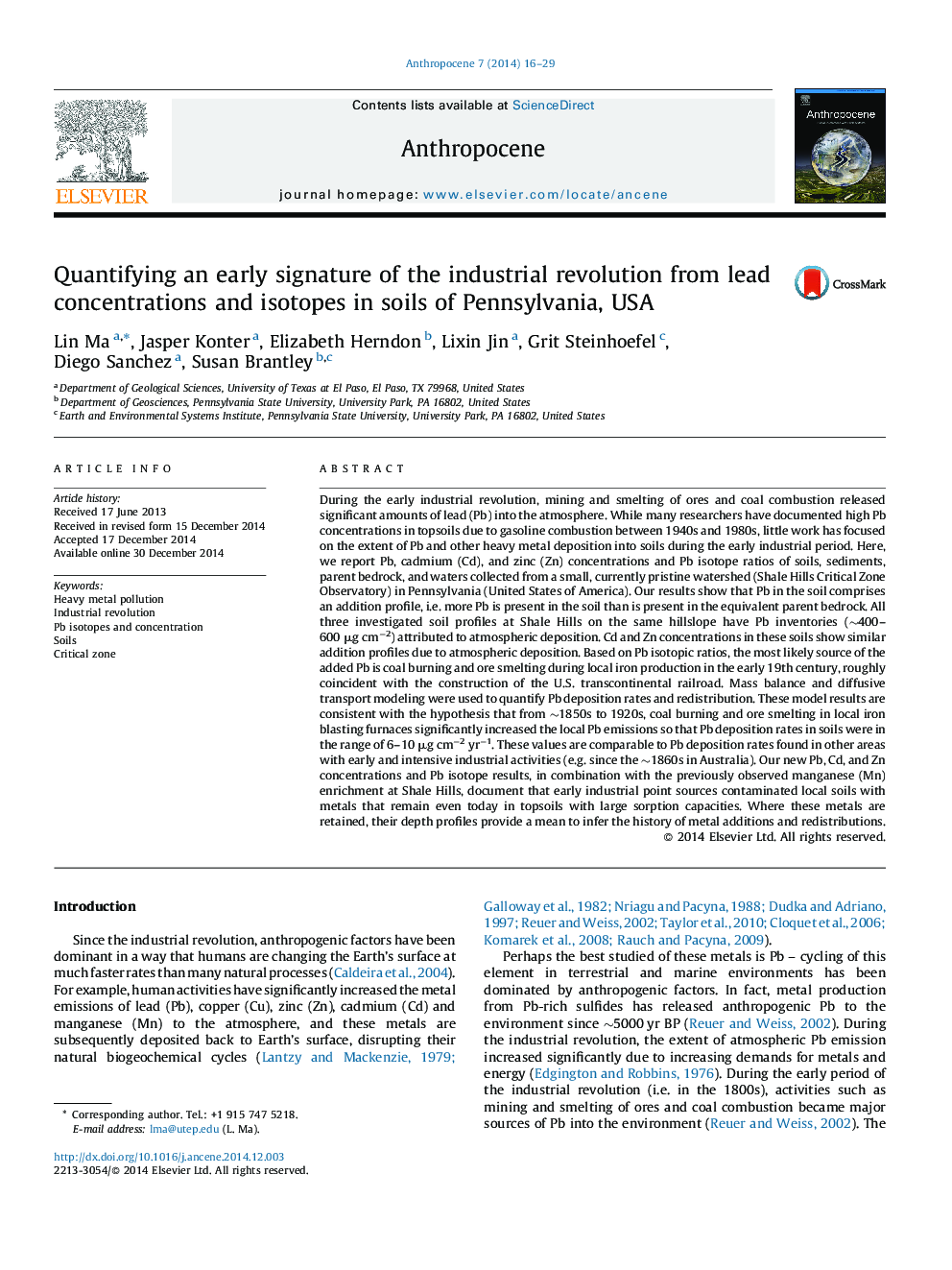 Quantifying an early signature of the industrial revolution from lead concentrations and isotopes in soils of Pennsylvania, USA