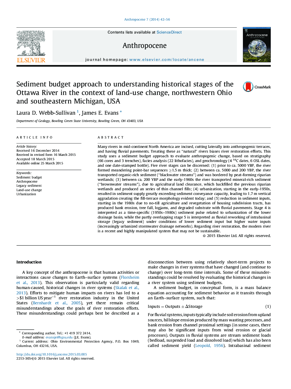 Sediment budget approach to understanding historical stages of the Ottawa River in the context of land-use change, northwestern Ohio and southeastern Michigan, USA