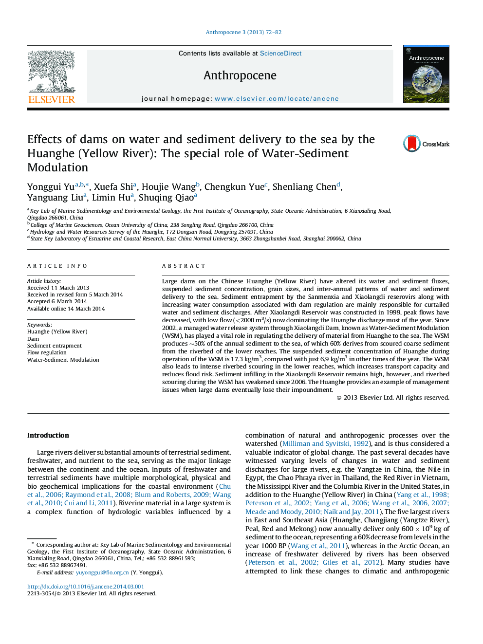 Effects of dams on water and sediment delivery to the sea by the Huanghe (Yellow River): The special role of Water-Sediment Modulation