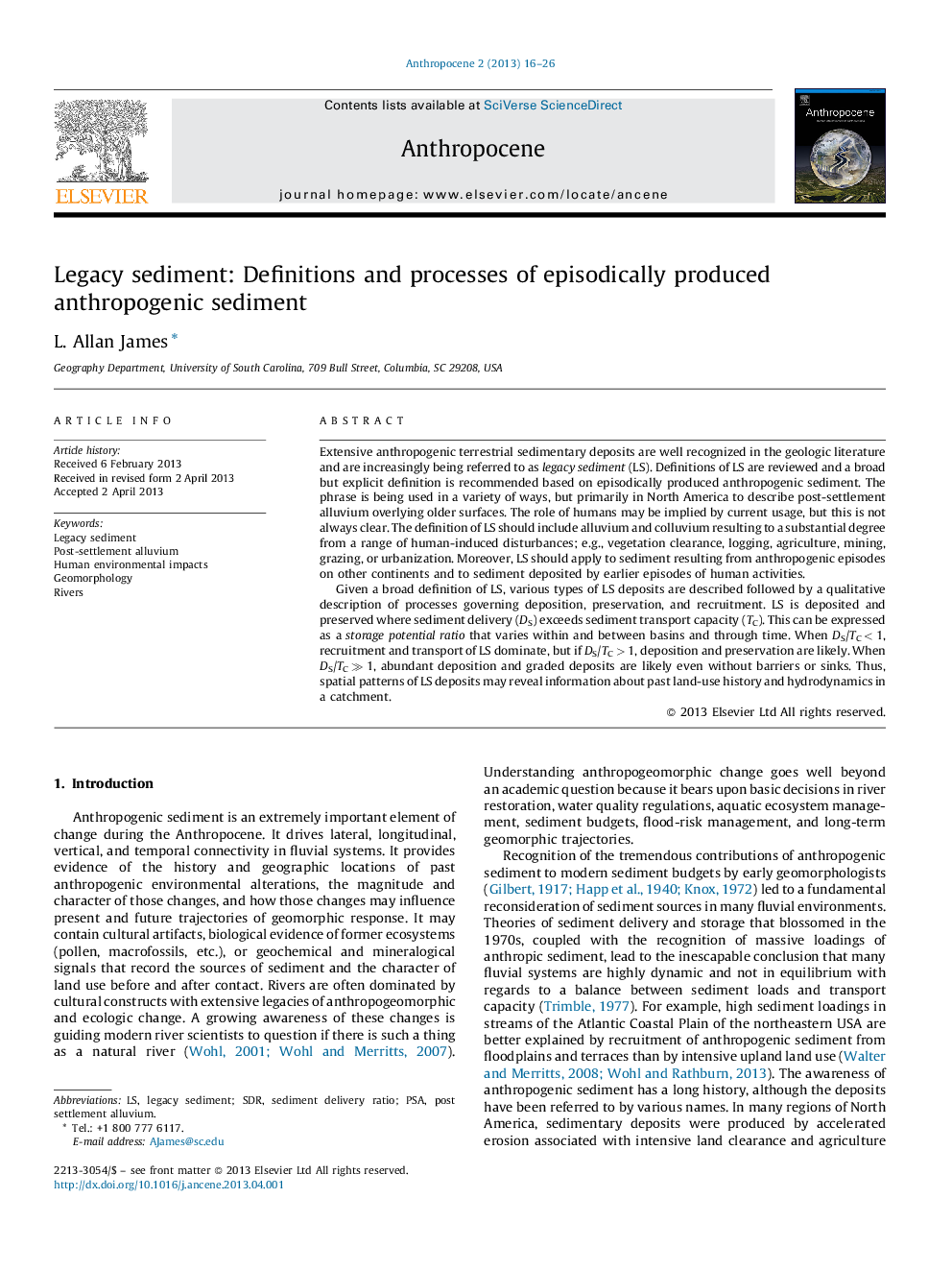 Legacy sediment: Definitions and processes of episodically produced anthropogenic sediment