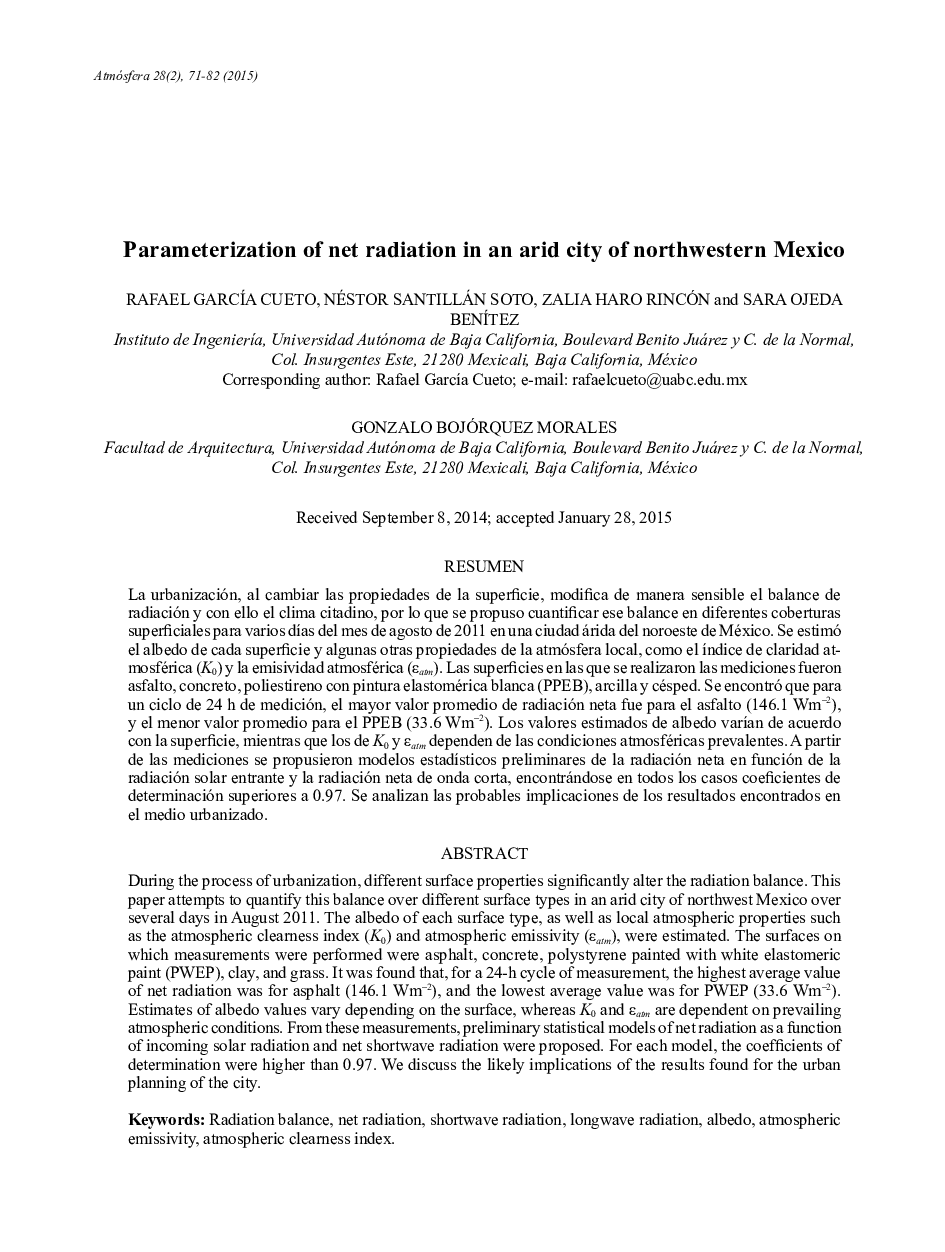 Parameterization of net radiation in an arid city of northwestern Mexico