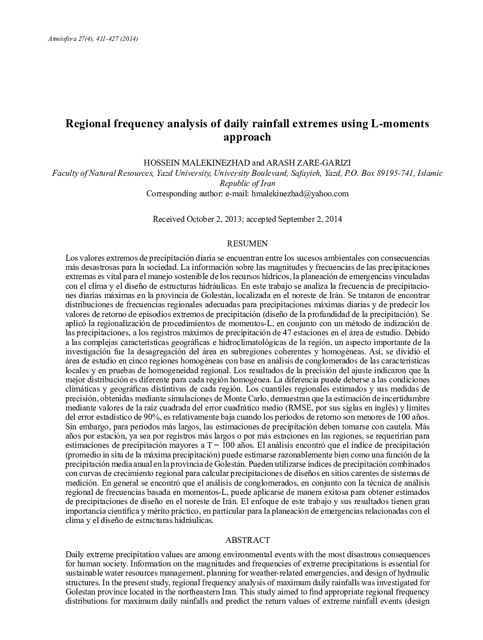 Regional frequency analysis of daily rainfall extremes using L-moments approach