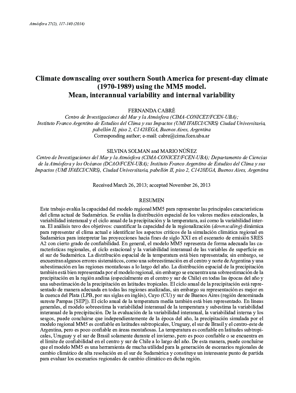 Climate downscaling over southern South America for present-day climate (1970-1989) using the MM5 model. Mean, interannual variability and internal variability