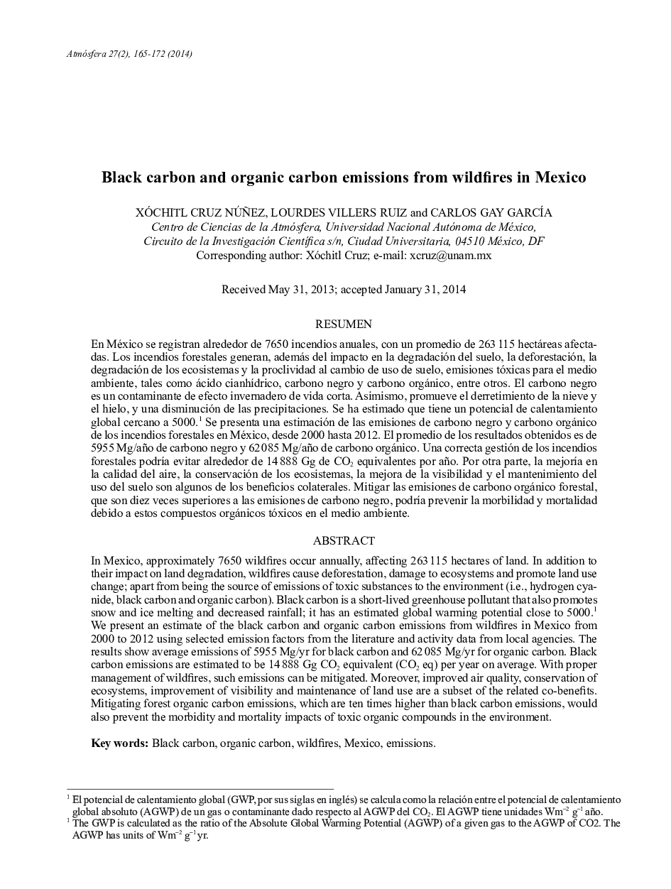 Black carbon and organic carbon emissions from wildfires in Mexico