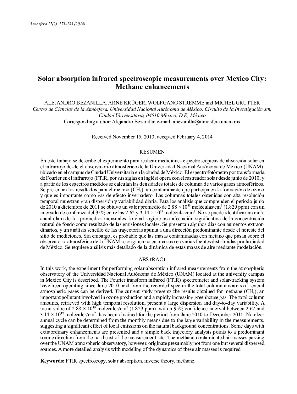 Solar absorption infrared spectroscopic measurements over Mexico City: Methane enhancements