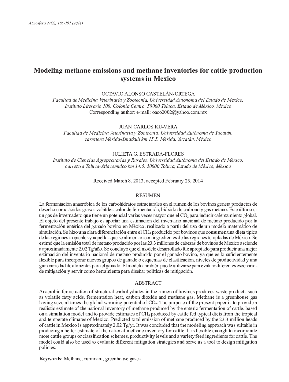 Modeling methane emissions and methane inventories for cattle production systems in Mexico