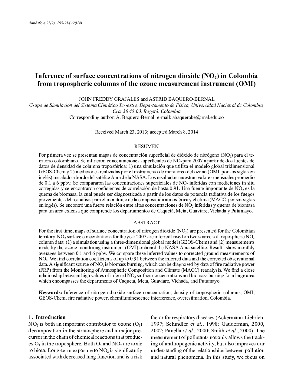 Inference of surface concentrations of nitrogen dioxide (NO2) in Colombia from tropospheric columns of the ozone measurement instrument (OMI)