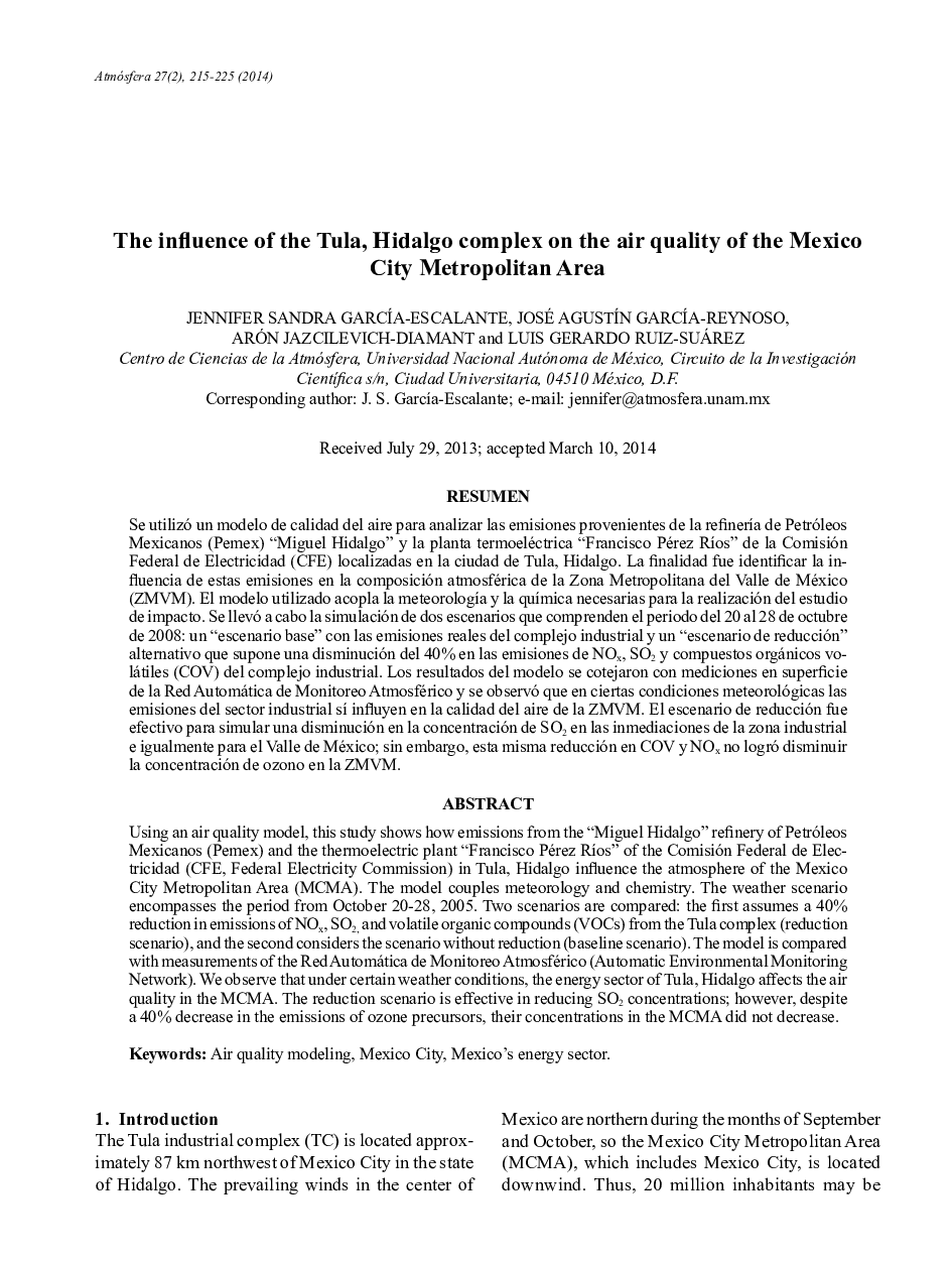 The influence of the Tula, Hidalgo complex on the air quality of the Mexico City Metropolitan Area