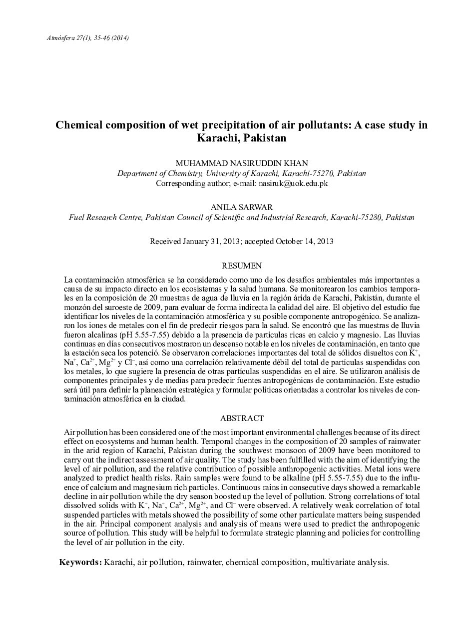 Chemical composition of wet precipitation of air pollutants: A case study in Karachi, Pakistan