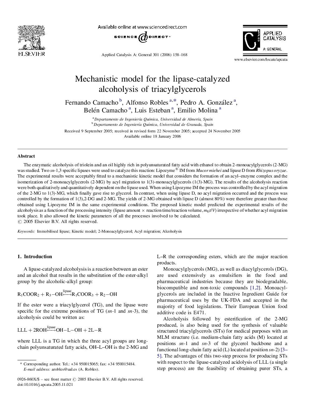 Mechanistic model for the lipase-catalyzed alcoholysis of triacylglycerols