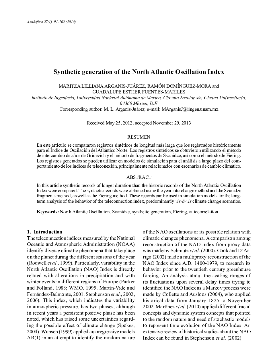 Synthetic generation of the North Atlantic Oscillation Index