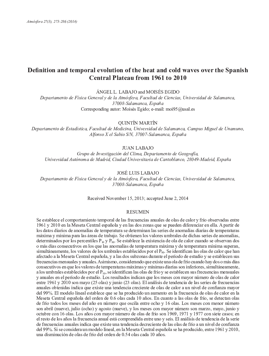 Definition and temporal evolution of the heat and cold waves over the Spanish Central Plateau from 1961 to 2010
