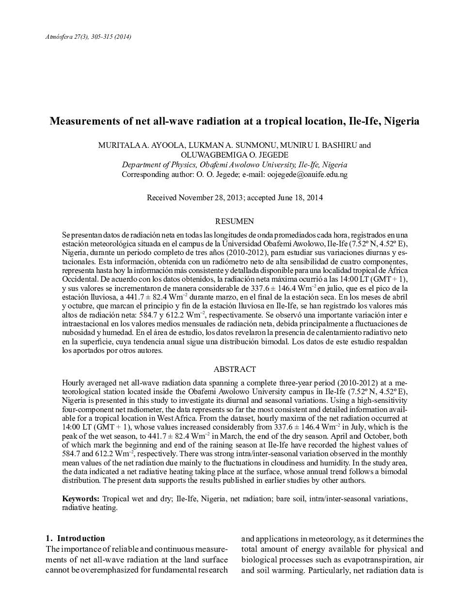 Measurements of net all-wave radiation at a tropical location, Ile-Ife, Nigeria