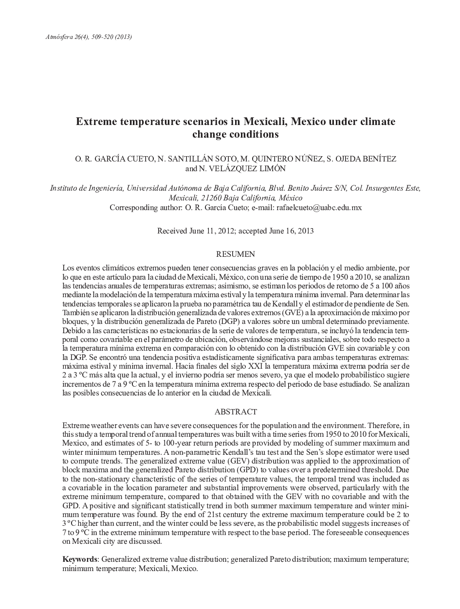 Extreme temperature scenarios in Mexicali, Mexico under climate change conditions