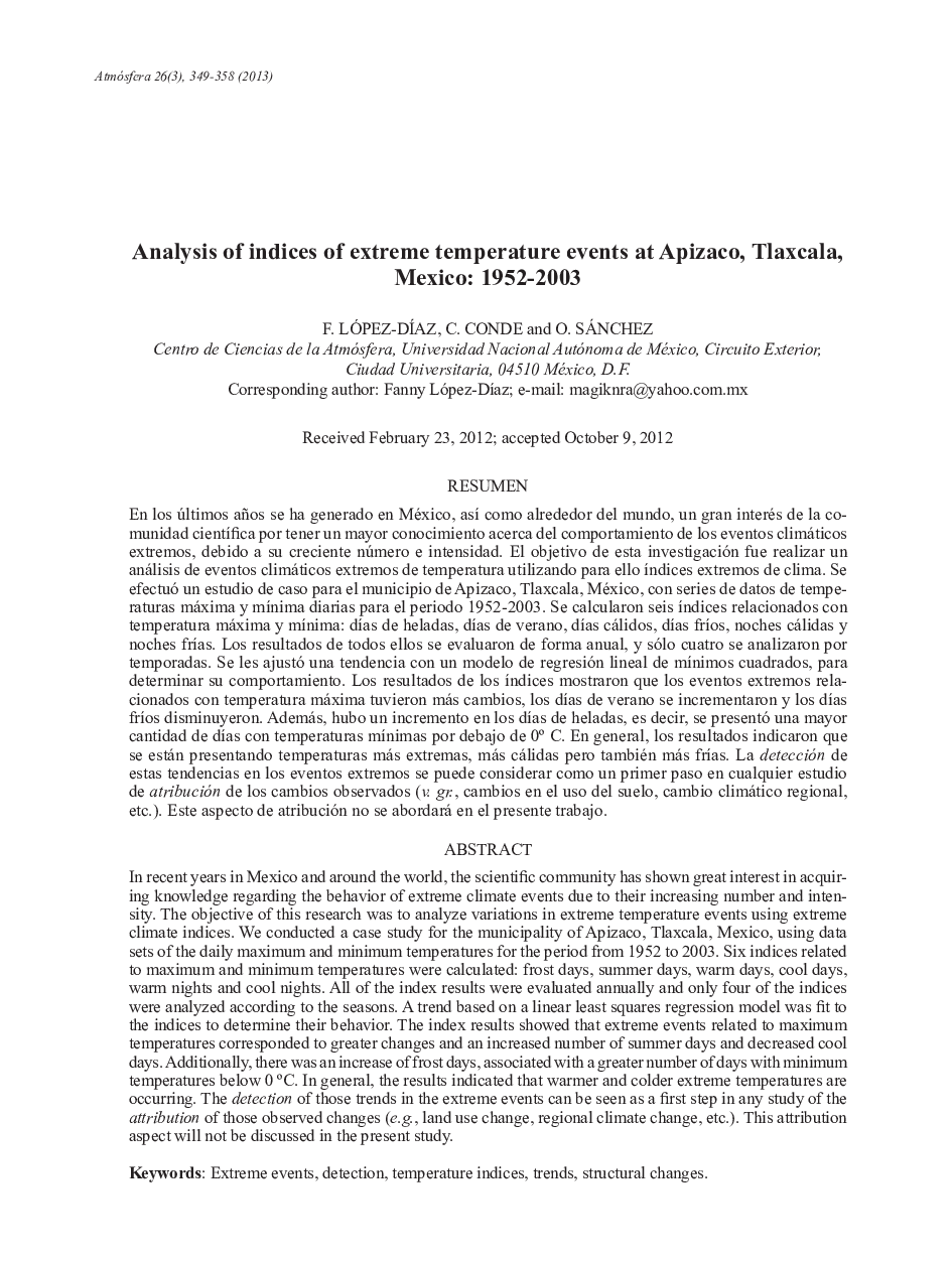 Analysis of indices of extreme temperature events at Apizaco, Tlaxcala, Mexico: 1952-2003