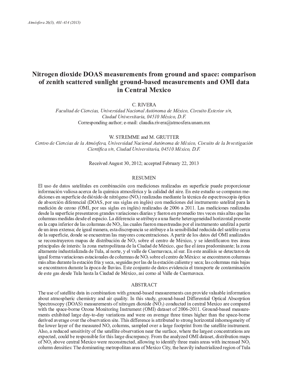 Nitrogen dioxide DOAS measurements from ground and space: comparison of zenith scattered sunlight ground-based measurements and OMI data in Central Mexico