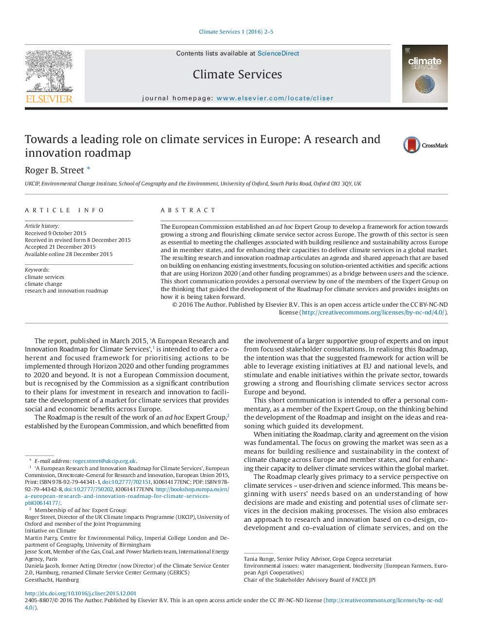 Towards a leading role on climate services in Europe: A research and innovation roadmap