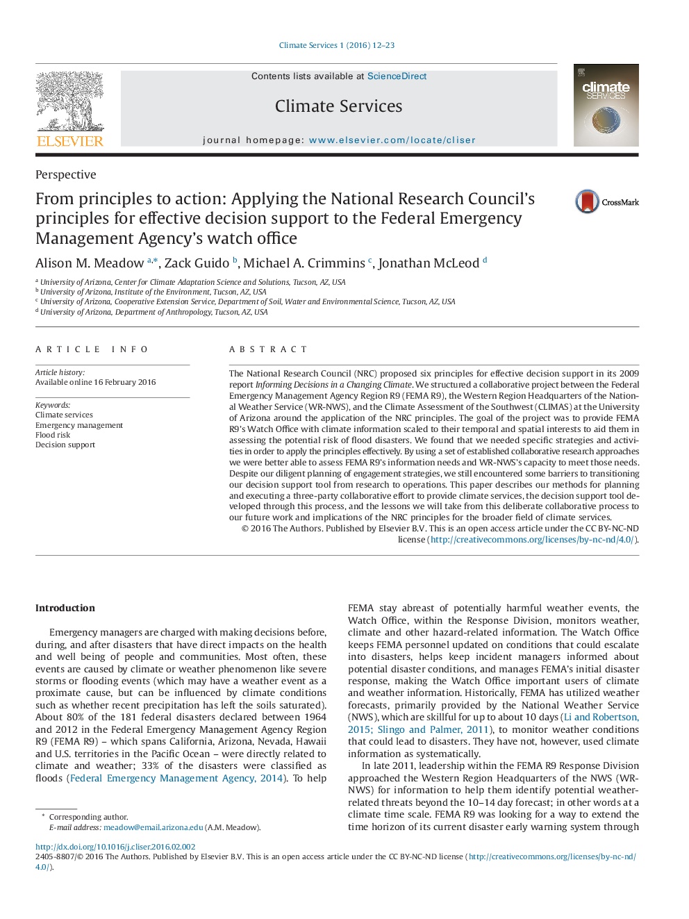 From principles to action: Applying the National Research Council's principles for effective decision support to the Federal Emergency Management Agency's watch office