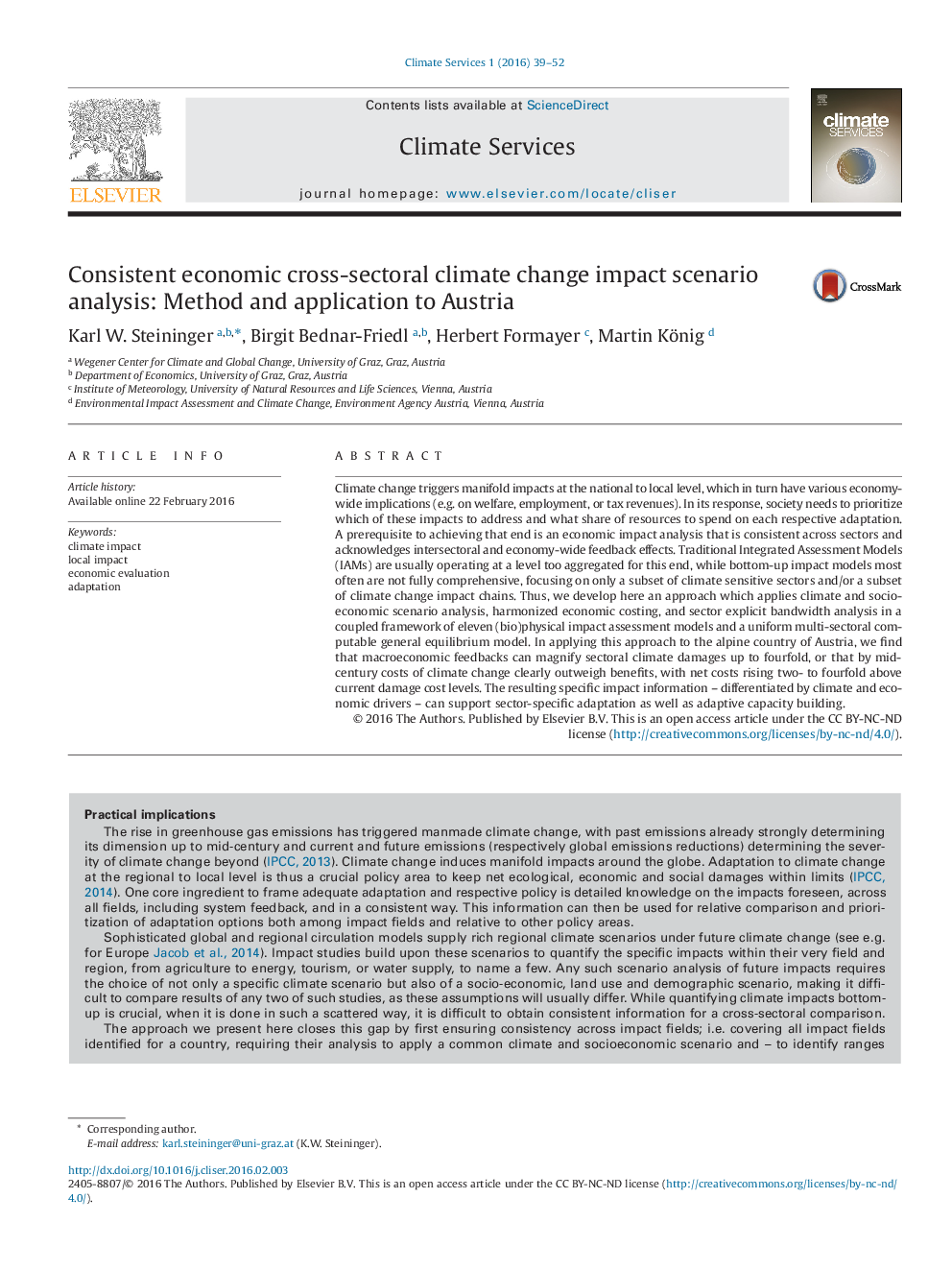 Consistent economic cross-sectoral climate change impact scenario analysis: Method and application to Austria