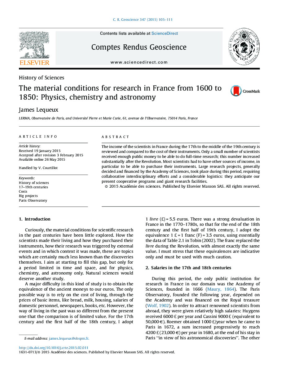 The material conditions for research in France from 1600 to 1850: Physics, chemistry and astronomy