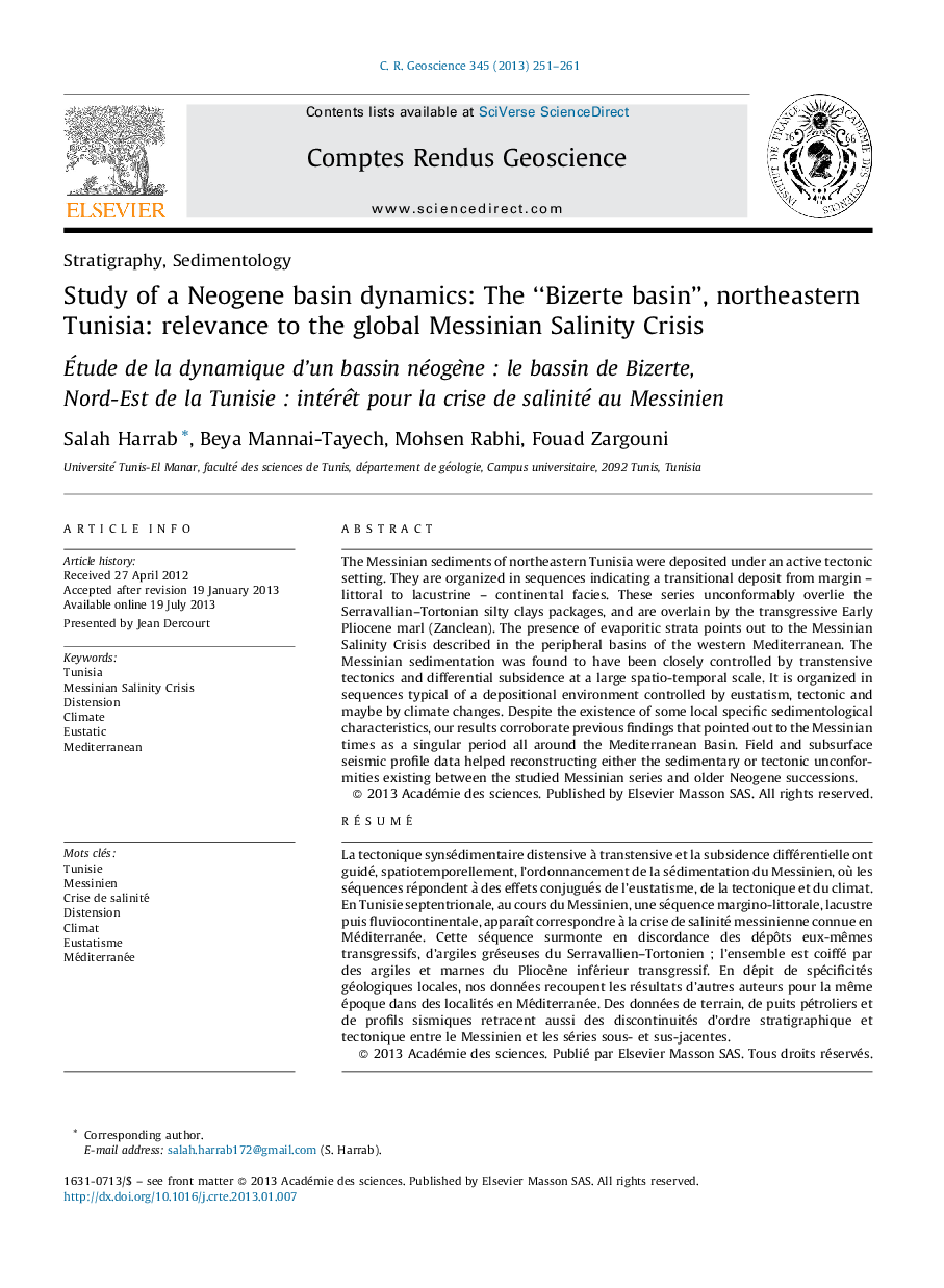 Study of a Neogene basin dynamics: The “Bizerte basin”, northeastern Tunisia: relevance to the global Messinian Salinity Crisis