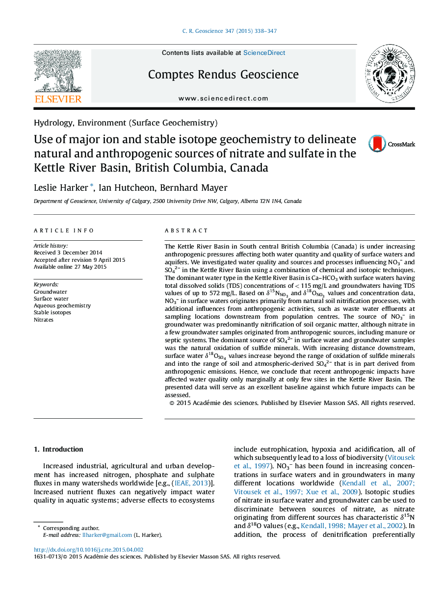 Use of major ion and stable isotope geochemistry to delineate natural and anthropogenic sources of nitrate and sulfate in the Kettle River Basin, British Columbia, Canada